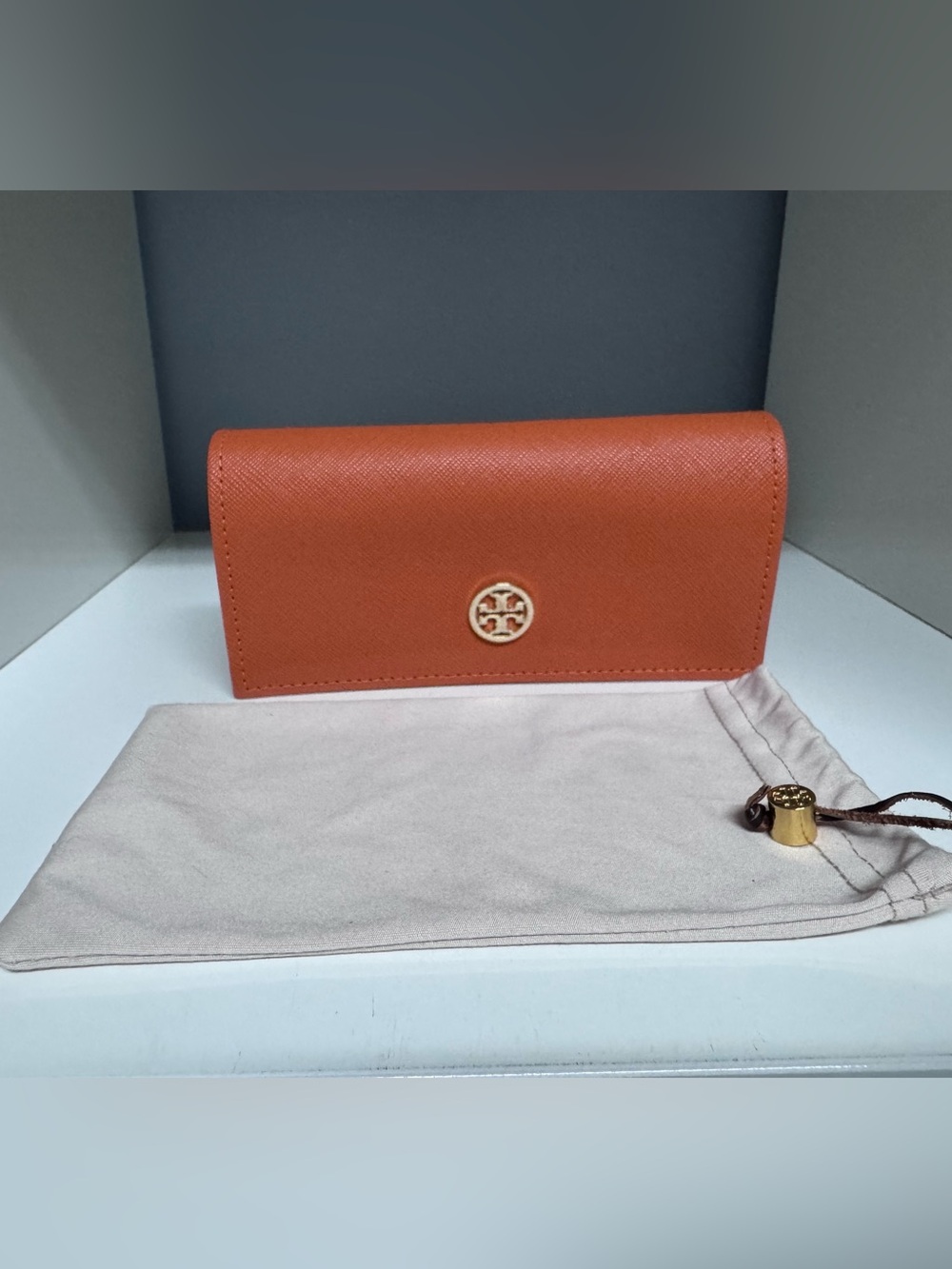 Tory Burch Orange Textured Leather Sunglasses or Glasses Case with Gold Logo